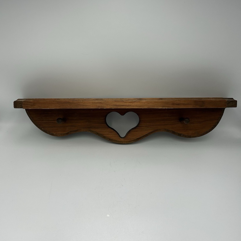 Vintage Handmade Wooden Wall Shelf 17” Heart Cut Out Cottage Core Brown Wood